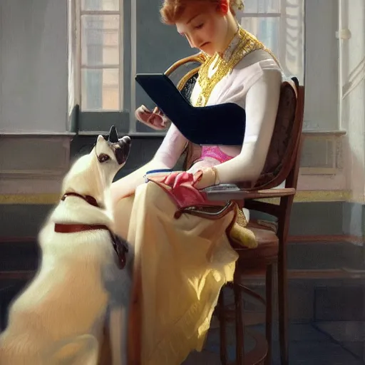 Image similar to a dog watching tiktok on iphone, oil on canvas artstation by J. C. Leyendecker and Edmund Blair Leighton and Charlie Bowater octane render