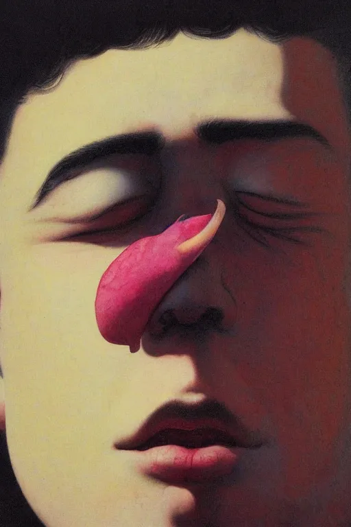 Prompt: a closeup portrait of a young spanish man licking a blotter paper of LSD acid on his tongue and dreaming psychedelic hallucinations, by kawase hasui, moebius, Edward Hopper and James Gilleard, Zdzislaw Beksinski, Steven Outram colorful flat surreal design, hd, 8k, artstation