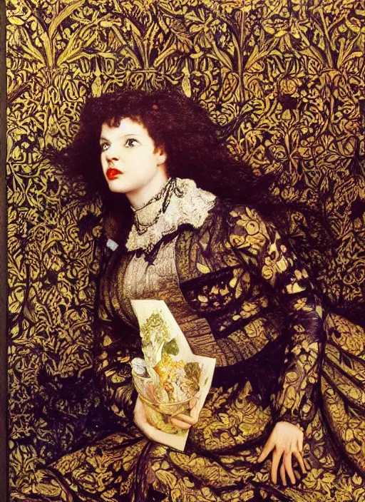 Prompt: masterpiece of intricately detailed preraphaelite photography portrait hybrid of judy garland aged 3 0 and a hybrid of ida b wells and shelly duval, sat down in train aile, inside a beautiful underwater train to atlantis, betty page fringe, medieval dress yellow ochre, by william morris ford madox brown william powell frith frederic leighton john william waterhouse hildebrandt