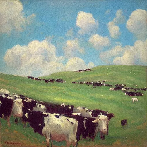 Image similar to “an impressionist painting of an avalanche of cows tumbling down a Green Mountain”