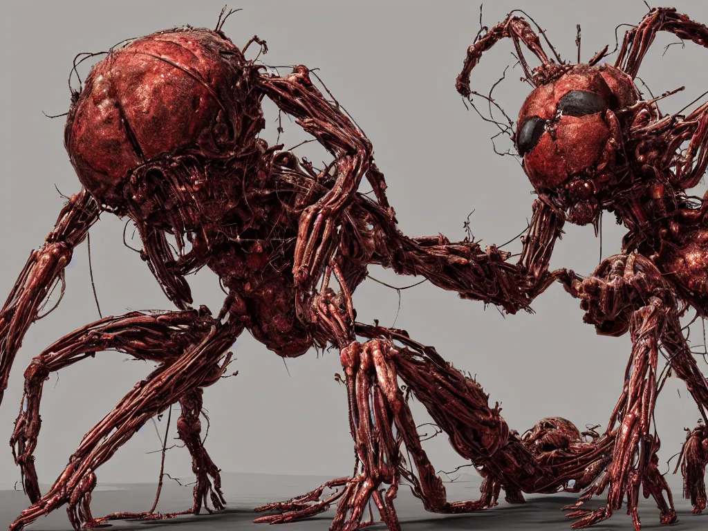 Image similar to Techno-biological iron-meat spider with big artillery cannon on his head consisting of tumors, veins, guts, kidneys, wires, long spider paws, chitin, bones. Bodyhorror, biopunk, extremely high detail, ultra realistic, photorealism, concept art, octane render, view from a distance, 8k, 16k