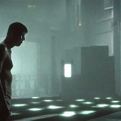 Image similar to cinematic portrait of a runaway replicant in an empty room, still from the movie bladerunner