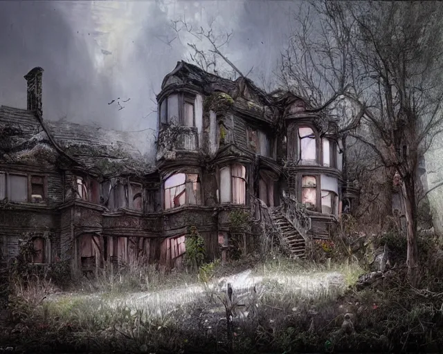 Prompt: matte painting of abandoned house by stephen hickman