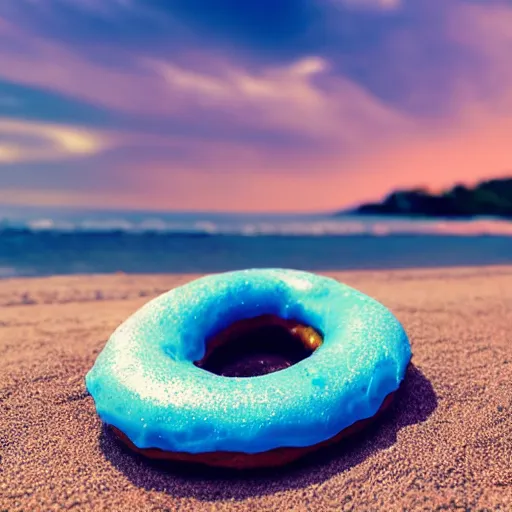 Prompt: a donut resting at the beach