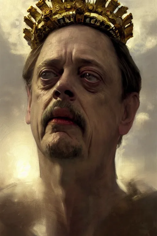 Image similar to beautiful oil painting portrait of ancient roman god emperor steve buscemi floating in the air wearing the civic crown levitating and ascending in a religious pose, ascension, art by anders zorn, wonderful masterpiece by greg rutkowski, expressive brush strokes, beautiful cinematic light, american romanticism by greg manchess, jessica rossier