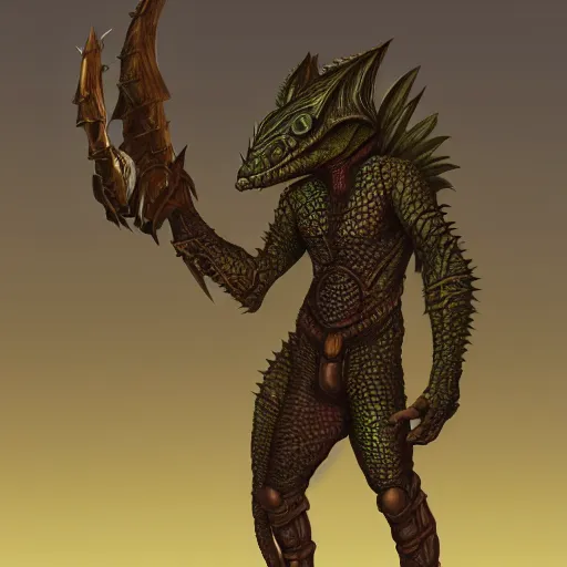 Image similar to lizard wearing oiled leather rogue armor, Lizardman thief, D&D, argonian, mideival setting, digital painting, highly detailed, concept art, sharp focus, artstation