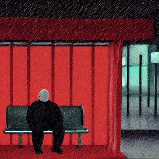 Prompt: lumpy swollen miserable man sitting at a bus stop in the rain, red lighting, atmospheric, realistic