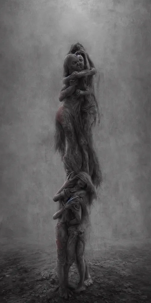 Image similar to death child and women hugging, in the style of keith thompson and zdzislaw beksinski, artstation hd, 8 k, surrealistic digital artwork, post apocalyptic street, new york, psychedelic