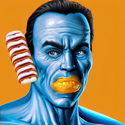 Prompt: “Arnold as mr freeze eating a frozen hamburger raw, Joel schumachers Batman and Robin, kitsch, grotesque, hyperreal, 8k trending on artstation concept art portrait”