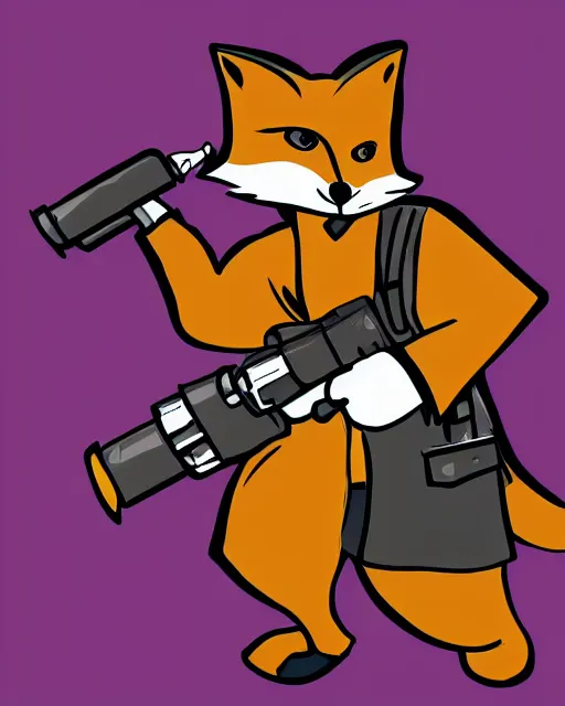 Image similar to a fox wearing a black trench - coat holding a mini - gun, comic art style, digital art,