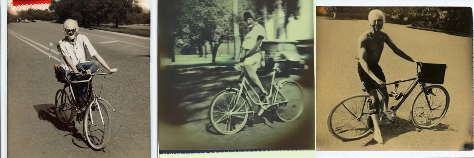 Prompt: Old polaroid photo of an alien on a bicycle in Texas