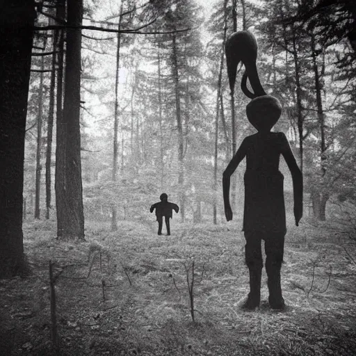 Prompt: old photograph of a a person standing in an eerie forest with an alien standing in the distance behind them