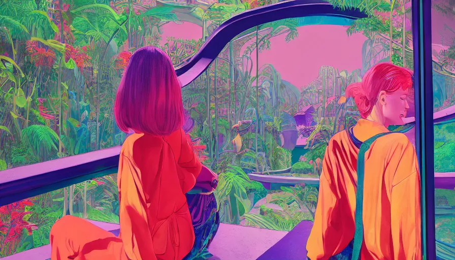 Prompt: a vibrant dream of one beautiful girl wearing yeezy from behind looking through a japanese museum of the world's best digital art, lush plants, a monorail train, glowing lights, high fashion, magic details, by moebius, edward hopper, james gilleard, and james jean, hd, 8 k, trending on artstation, uhd,