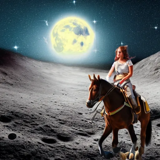 Image similar to A fantasy style real photo of Annita riding a horse on the moon, dynamic lighting