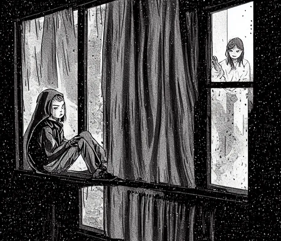 Prompt: sadie sink in hoodie sits on windowsill, knees tucked in | rain falls at night : storyboard, scifi cyberpunk. by gabriel hardman, joe alves. cinematic atmosphere, detailed and intricate, perfect anatomy