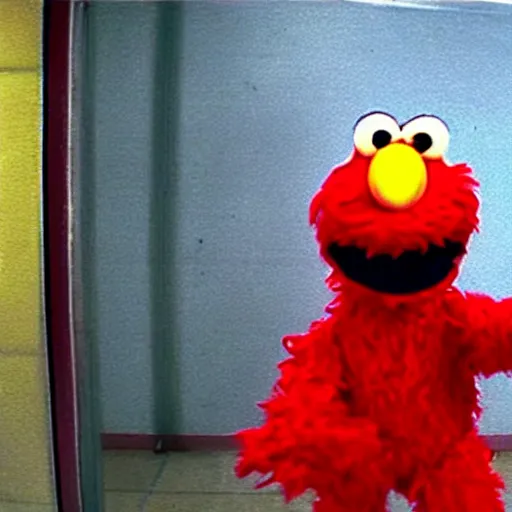 Image similar to CCTV footage of Elmo from Sesame Street with a Glock