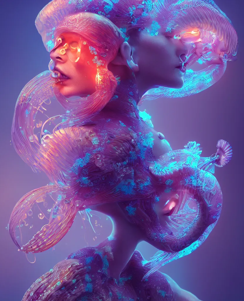 Image similar to goddess close-up portrait. jellyfish phoenix head, nautilus, orchid, skull, betta fish, bioluminiscent creatures, intricate artwork by Tooth Wu and wlop and beeple. octane render, trending on artstation, greg rutkowski very coherent symmetrical artwork. cinematic, hyper realism, high detail, octane render, 8k