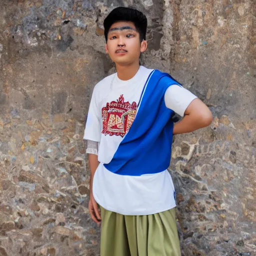 Prompt: teenage boy modeling malacca sultanate gear