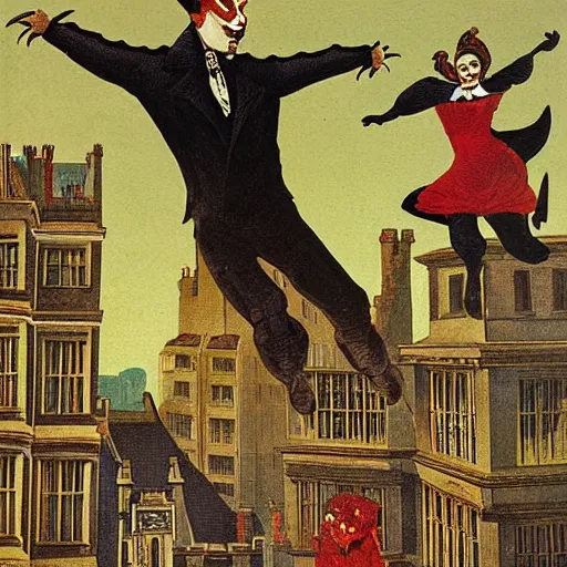 Prompt: spring-heeled jack, aristocrat devil jumping over the roofs of victorian london, by max ernst