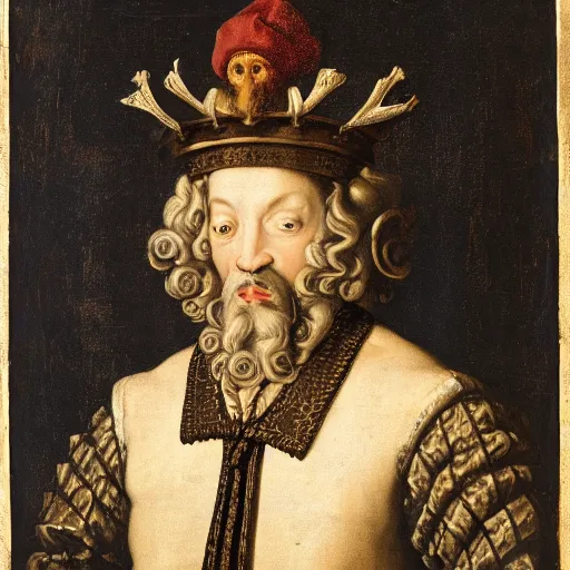 Prompt: renaissance style portrait of a european common cuttlefish wearing a crown and a cape, dark background