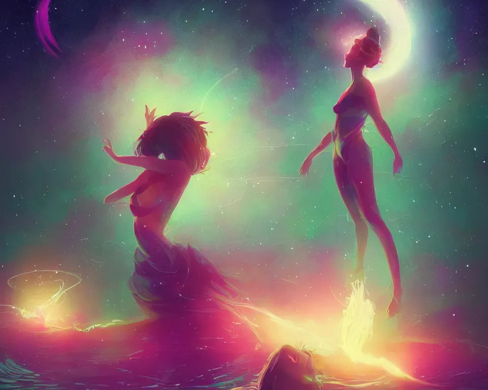 Image similar to beautiful fantastical girl standing in a lake basking in the moonlight, casting a spell, under a multi-colored binary blackhole with an accretion disc, glowing trails following her arms, wearing professional makeup, synthwave, by Lois van Baarle, by Greg Rutkowski, by artgerm, by beeple, by studio ghibli, cinematic angle, volumetric lighting, 4k resolution, octane render, trending on artstation, masterpiece