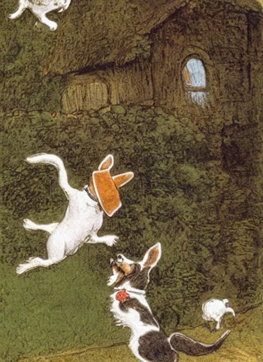 Prompt: jack russel terrier jumping from the ground over a small cottage, illustrated by peggy fortnum and beatrix potter and sir john tenniel