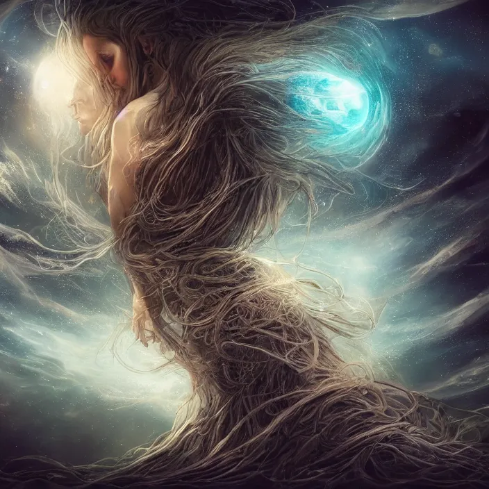 Image similar to gorgeous celestial woman with long hair wrapping downward around planet seen for space, hyper-detailed, smooth, sharp focus, depth map, digital painting, apocalyptic art, fantasy dark art, 4k ultra hd, cinematic