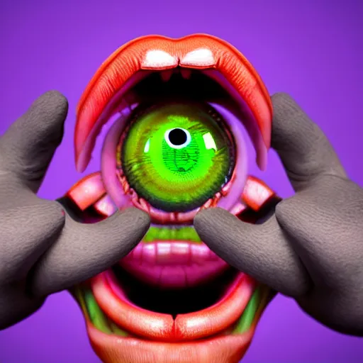 Image similar to hyperrealistic rendering eyeballs beeple claws fangs sofubi, studio lighting, colored gels, colored background, black, lime, violet, explode