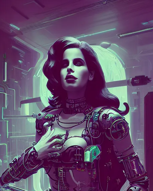 Image similar to portrait of lana del rey as a cyberpunk cyborg. roses, sci - fi, missing panels, intricate abstract, upper body, intricate artwork, by tooth wu, wlop, beeple, dan mumford. concept art, 8 k octane render, deviantart, greg rutkowski, cinematic, key art, hyperrealism, iridescent accents