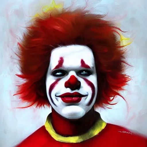 Prompt: Portrait, Ronald McDonald, white facepaint, red afro, red round nose!! King of the world!!!, Feeling miserable, by Loish