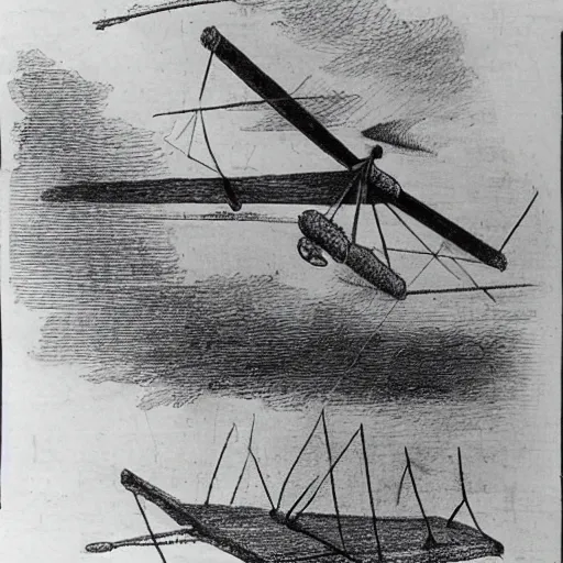 Prompt: Pencil drawing of a DaVinci flying machine invention showing how to achieve flight.