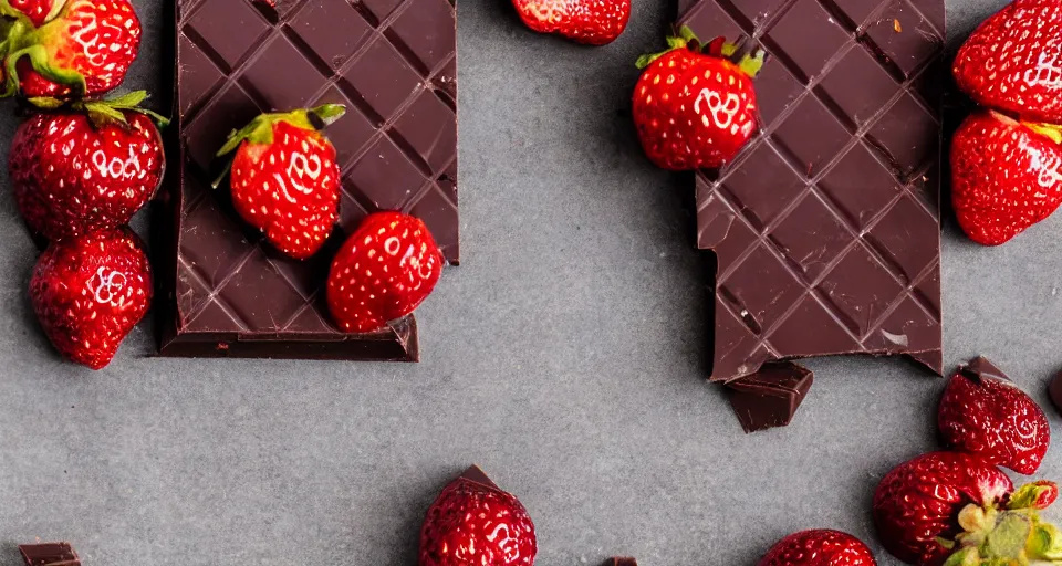 Image similar to A gourmet dark chocolate bar with a piece broken off, on an opened silver wrapper, next to sliced strawberries, on a wooden tray, macro lens product photo