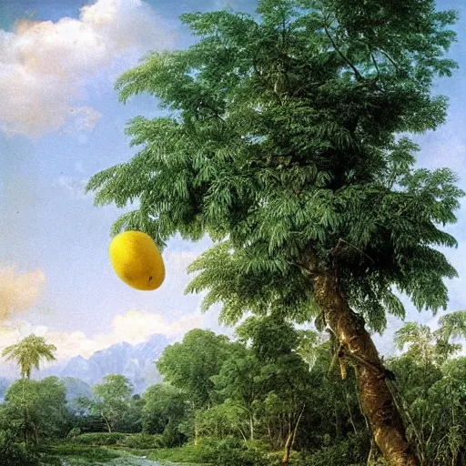 Image similar to tropical fruit trees and white milk river, mangos, painting by ivan shishkin