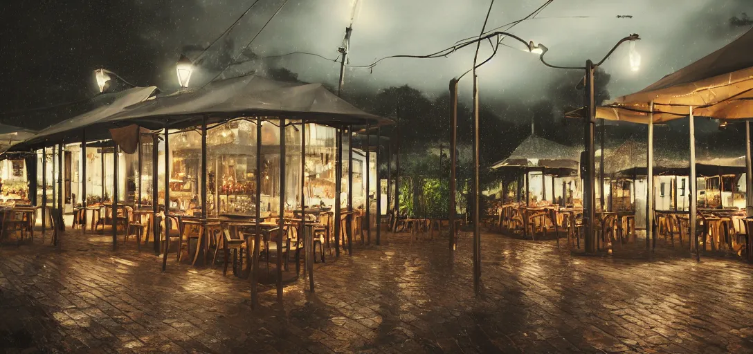 Image similar to Look of Small outdoor high profile restaurant, light rain, night, noire tents, digital art, 8k, moody details