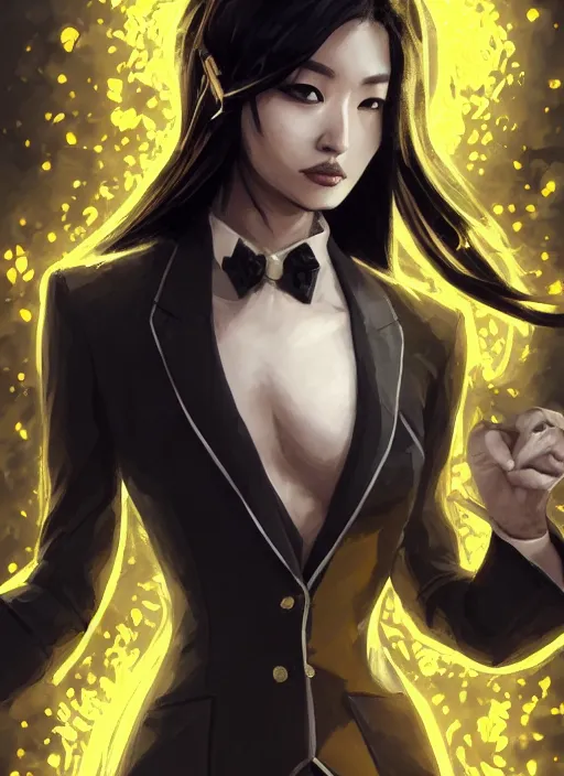 Prompt: a highly detailed illustration of meisa kuroki wearing black suit and tie with coattails, yellow eyes, dramatic pose, intricate, elegant, highly detailed, centered, digital painting, artstation, concept art, smooth, sharp focus, league of legends concept art, wlop.