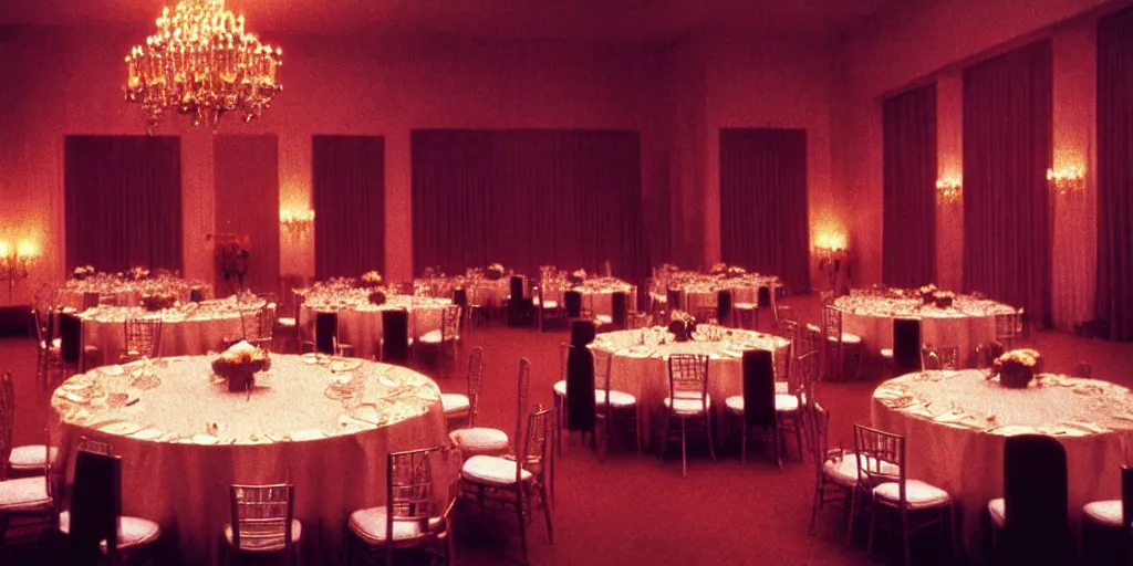 Image similar to a phantom hovers inside of a banquet hall. dramatic soft color lighting ( 1 9 8 4 ).