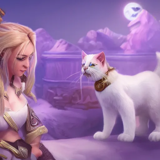 Image similar to jaina proudmoore pets a white kitty, world of warcraft, digital art, dmitry prozorov style, artstation, cute, happy, extremely detailed, volumetric lighting, ultra quality, 8 k