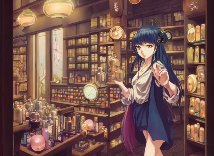 Prompt: lomography, anime, portrait of a young woman in a alchemist's potion shop interior shopping, glowing, haruhiko mikimoto, hisashi eguchi, lodoss, dynamic pose and perspective, dramatic lighting, detailed facial features, rounded eyes, sharpened image, yoshinari yoh