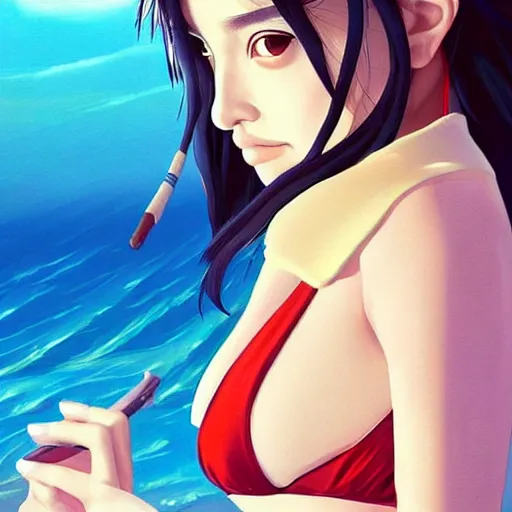 Image similar to a beautiful young japanese natalie portman alluring gravure model, stylized concept art, wearing elegant designer bomber jacket and one piece bikini, bomber jacket with mesoamerican patterns, mesoamerican native street fashion, princess mononoke, painted by ilya kuvshinov aesthetic, gorgeous, stunning, alluring, attractive, artstation, pinterest, digital art