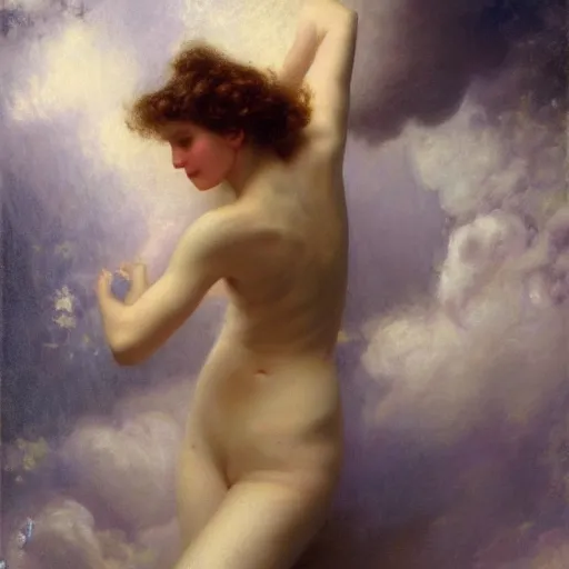 Prompt: A beautiful body art of a castle in the clouds. pale violet by Thomas Benjamin Kennington turbulent, harrowing