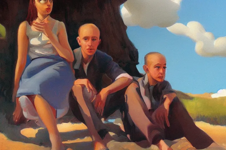 Image similar to beautiful painting of friends, beautiful faces, sitting on the edge, cute, soft light, digital painting by diane arbus and ralph mcquarrie and colin campbell cooper