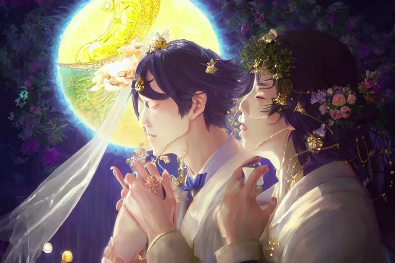 Image similar to a dreamlike portrait of wedding photograph close up moment of a divine a taiwan sun god and moon goddess lovers magician at a wedding banquet. portraiture. digital painting. artstation. concept art. fantasy wedding photo. digital painting, 8 k realistic, hyper detailed, by makoto shinkai and akihiko yoshida and hidari and wlop