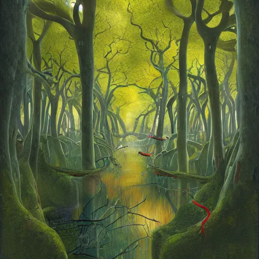 Prompt: wide-shot-Exterior of the tutela of the Mesophytic Vermillion Grove, Arborescent architecture, by John Howe, vibrant CMYK dye overpainting, gouache-and-airbrush-embellishments, Wide Shot 4K result, symmetry, wide-shot-Exterior of the tutela of the Mesophytic Vermillion Grove, Quercus Nigra central structure, by Robert Heinlein, award winning artwork, solid composition, #firaxis, #autumnlands, #symmetry