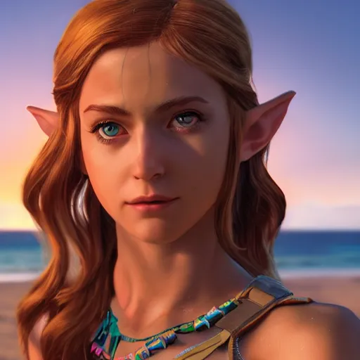 Prompt: a hyper real comic book style portait painting of zelda on the beach, unreal 5, hyperrealistic, octane render, cosplay, rpg portrait, dynamic lighting