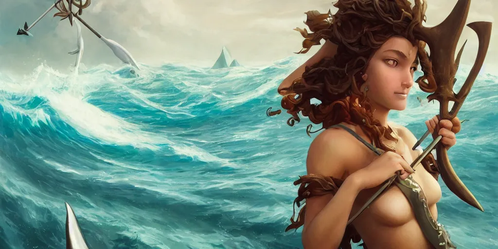 Prompt: close up of a beautiful shark tooth girl holding a trident on the horizon, model pose, slightly smiling, big wave, big whale fighting against sharks on the background, by peter mohrbacher and makoto shinkai and ferdinand knab