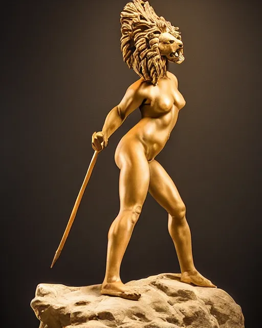 Prompt: a full figure rubber sculpture of a warrior princess and a lion, by Michelangelo, dramatic lighting, wide angle lens