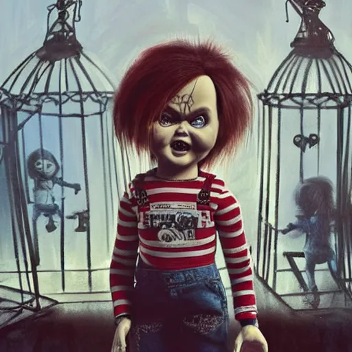 Prompt: the doll chucky in the middle of a cage fighting with doll annabelle, epic mma fight, dramatic poses, dolls are in motion, disneyland as backdrop, oil painting, by greg rutkowski