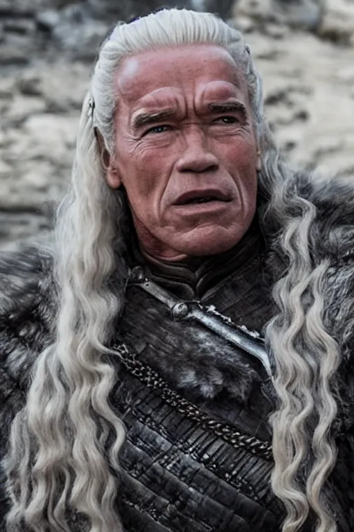 Image similar to still of arnold schwarzenegger as daenerys targaryen in game of thrones ( 2 0 1 1 ), promotional still