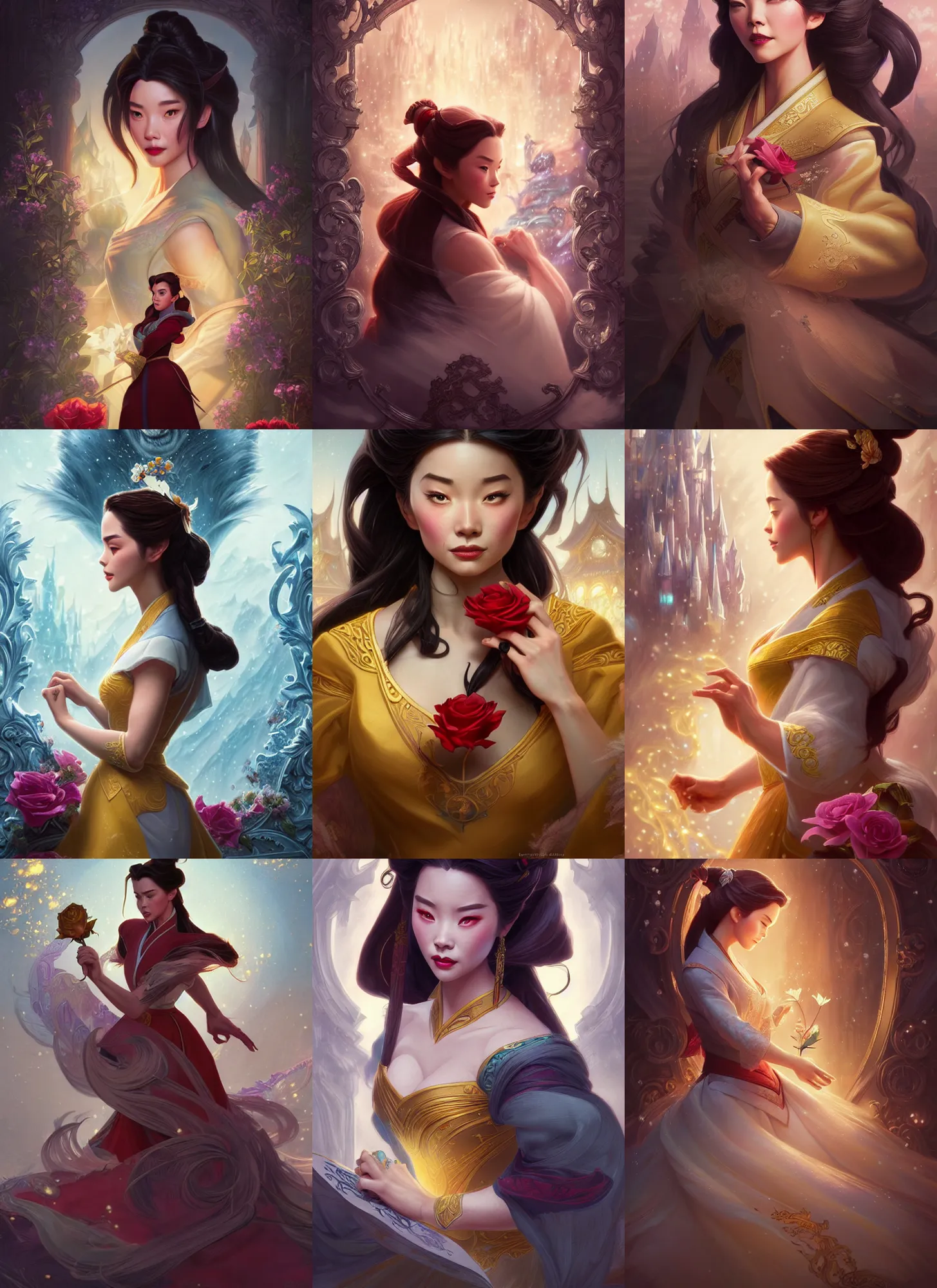 Prompt: beauty and the beast combined with mulan, fantasy, intricate, elegant, highly detailed, digital painting, artstation, concept art, matte, sharp focus, illustration, hearthstone, art by artgerm and greg rutkowski and alphonse mucha