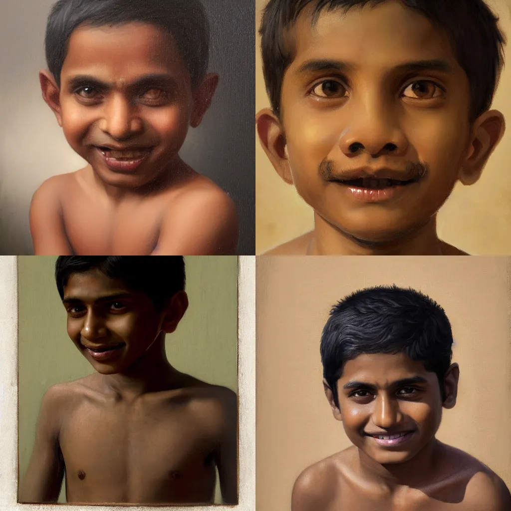 Prompt: a neoclassical portrait of a thin dusky Indian boy from Chhattisgarh, who gets dimples on his left cheek when he smiles, medium length dark straight hair, subtle goaty and moustache, oil on canvas, Greg Rutkowski, William Blake, Caravaggio, trening on Artstation, sharp, cinematic composition, three point studio lighting, 8K